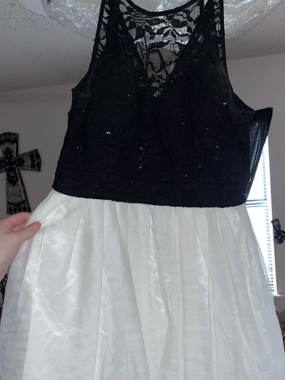 B Darlin Black Lace Bodice with White Pleated Skirt Girls Formal Dress